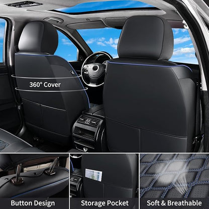Huidasource Faux Leather Front&Rear Truck Seat Cover Custom Fit for 2015-2025 Ford F150 SuperCrew & 2017-2025 F250 F350 F450 Super Duty Crew Cab XL XLT Lariat King Ranch Platinum(Full Set/Black&Blue)