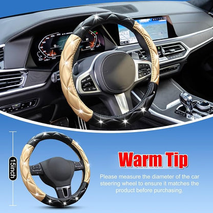 SuperKaKa Black and Gold Steering Wheel Cover, Auto Cute Diamond Bling Soft Comfort Leather Car Interior Accessories Protector Sparkly Fit Most O-Shaped Steering Wheels
