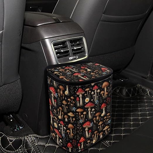 Vibrant Mushroom Floral Pattern Car Trash Can with Lid and Zipper Portable Foldable Trash Bin for Car Interior Accessories Multipurpose Garbage Can Bags Storage Organizer