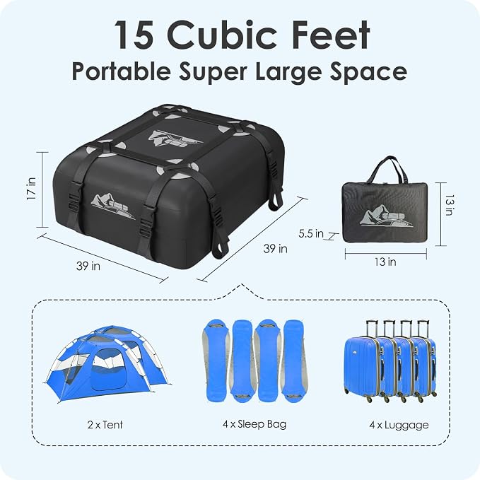 Car Rooftop Cargo Carrier Bag 15 Cubic Feet, 100% Waterproof Heavy Duty Car Roof Bag for All Vehicle with/Without Racks - Anti-Slip Mat, 4 Door Hooks, Storage Bags, 4PCS 3.8CM Straps(Gray)