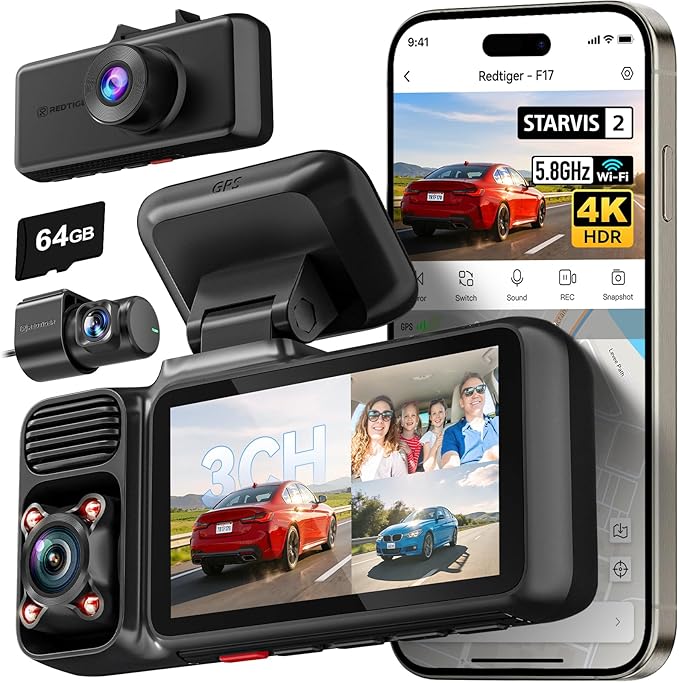 REDTIGER F17 4K 3 Channel Dash Cam, STARVIS 2 IMX675 HDR, 2160P+1080P+1080P Front Inside and Rear Triple Car Camera with 64GB Card, 5.8GHz WiFi GPS, IR Night Vision, G Sensor, WDR, Parking Mode