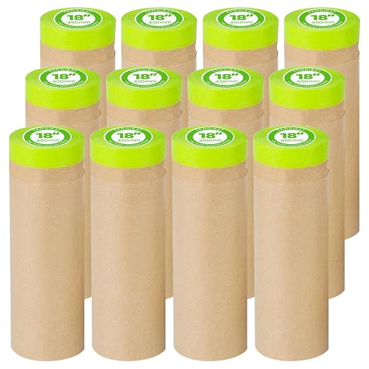 Tangibay Pre-Taped Masking Paper for Painting - 18 inch x 50 feet Tape and Drape Painters Paper, Paint Adhesive Protective Paper Roll for Covering Skirting, Frames, Cars and Auto Body (12 Rolls)