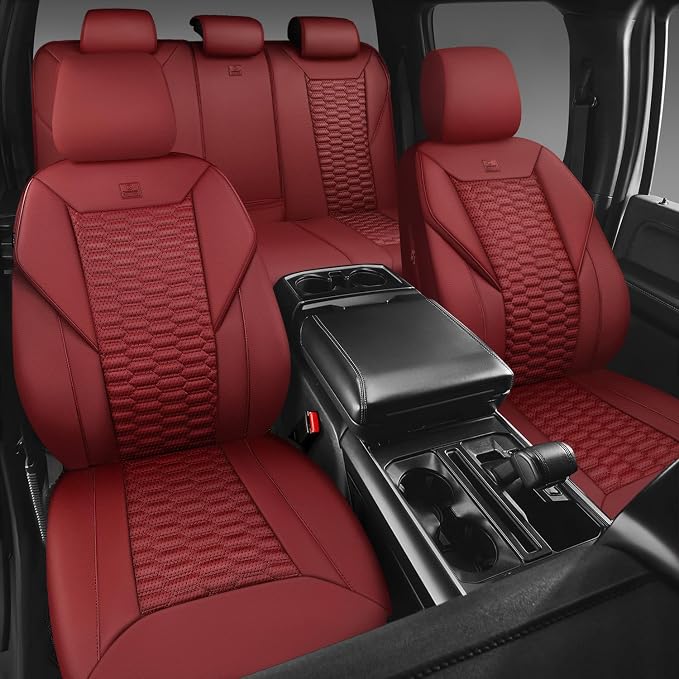 CAR PASS 3D Foam PU Leather Car Seat Covers Full Set,Luxury Breathable Faux Leather Seat Covers for Car,Anti Slip Universal Fit for SUVs Vans Sedan Trucks Automotive,Armrest Airbag Compatible Burgundy