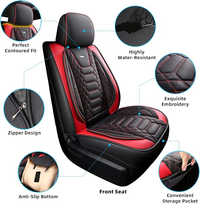 FREESOO Tundra Seat Covers 2014-2021 Full Set, Fit for Toyota Tundra Crewmax Cab, Custom Truck Seat Covers with Waterproof Faux Leather BlackRed