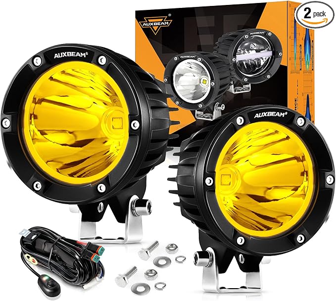 Auxbeam C4 Series LED Pods 4In 72W Amber Fog Light, Round Spot Offroad Light, 2PCS 7200LM Amber Light Pod with Wiring Harness Kit, Driving Light Yellow Ditch Light for Jeep Motor SUV ATV UTV Wrangler