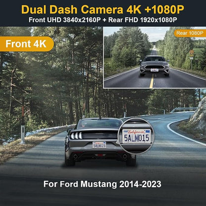 Fitcamx Dual 2160P+1080P Dash Cam Adapts for Ford Mustang 2019-2023 (HD2-0141/ with Sensor Cover), OEM Style, 2 Channel HD Video, WiFi & APP, Loop Recording, G-Sensor, Plug & Play, 128GB Card