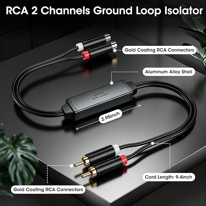 RCA Ground Loop Isolator Noise Filter Gold Coating RCA Connectors Aluminum Shell Plug& Play Hum Eliminator for Home, Car, Retro Games, TVs VCRs, camcorders & Mixers