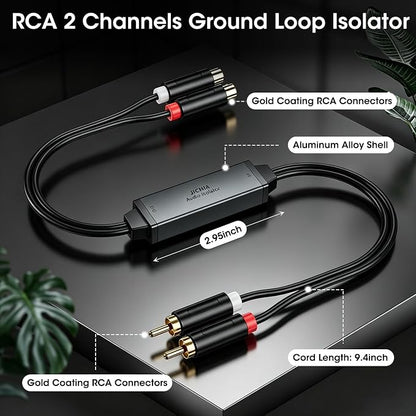 RCA Ground Loop Isolator Noise Filter Gold Coating RCA Connectors Aluminum Shell Plug& Play Hum Eliminator for Home, Car, Retro Games, TVs VCRs, camcorders & Mixers