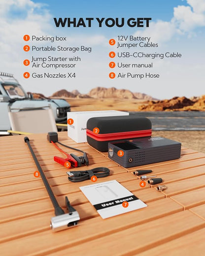 Car Battery Jump Starter with Air Compressor,44.4Wh Battery Jump Box with Tire Inflator,Jump Booster with Smart Jumper Cables,LED Light Emergency Car Kits for Vehicles,Arrancador Ae Batería