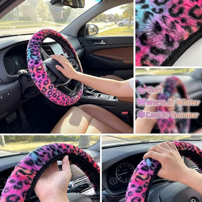 Cheetah Fuzzy Steering Wheel Cover, Girly Steering Wheel Cover, Cute Fluffy Furry Leopard Wheel Protector, Women Girl Car Christmas Decor Fit D-Shape O-Shape 14.5" to 15"