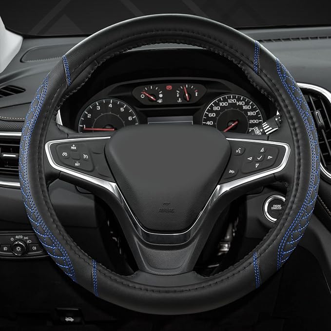 West Llama Customized Auto Car Steering Wheel Cover for Chevy Silverado,Tahoe,Equinox,Traverse,Trailblazer,Colorado (Diamond Quilted-Black+Blue-Standard Size)
