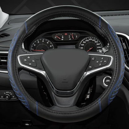West Llama Customized Auto Car Steering Wheel Cover for Chevy Silverado,Tahoe,Equinox,Traverse,Trailblazer,Colorado (Diamond Quilted-Black+Blue-Standard Size)