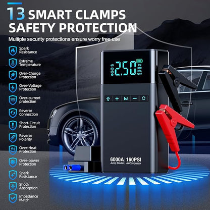 10-in-1 Portable Car Battery Jump Starter with Air Compressor, 6000A 160PSI Portable Car Jumper Starter (All Gas 12L Diesel), 12V Jump Box Car Battery Jump Starter with Jumper Cables, Lights