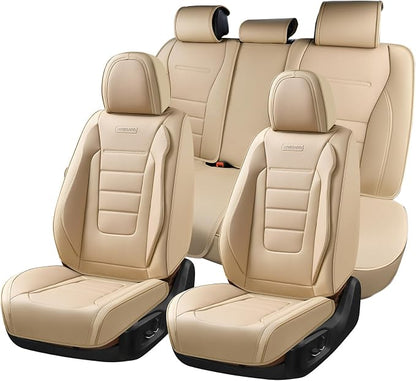 Coverado Front and Back Seat Covers for Cars, Nappa Leather Car Seat Covers, Automotive Seat Covers for Trucks, 5 Seats Waterproof Carseat Protector Car Seat Cover Beige, Universal Fit for Most Cars