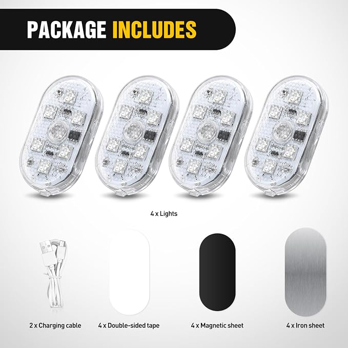Nilight Wireless Magnetic RGB LED Interior Lights, 4 PCS 7 Colors USB Rechargeable Universal Mini Sticky Footwell Ambient Atmosphere Reading Lamp with Touch Sensor, Portable Night Lighting for Car