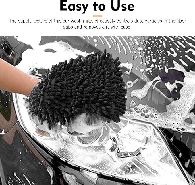 2 PCS Chenille Car Wash Mitt, 5.51" x 9" Premium Microfiber Ultra-Soft Scratch-Free Glove, Double-Sided High Absorbency Car Detailing Mitt, Universal for Most Cars (Black)