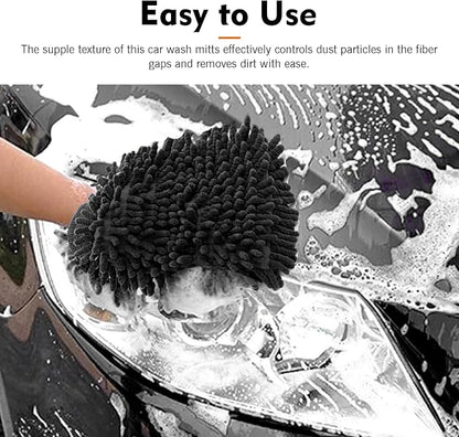 2 PCS Chenille Car Wash Mitt, 5.51" x 9" Premium Microfiber Ultra-Soft Scratch-Free Glove, Double-Sided High Absorbency Car Detailing Mitt, Universal for Most Cars (Black)