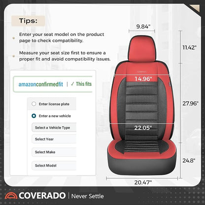 Coverado Car Seat Covers Front Seats, Luxury Leather Car Seat Covers, Automotive Mesh Seat Covers 2 Pack, Airbag-Compatible, Black Red Seat Covers for SUV Sedan Truck