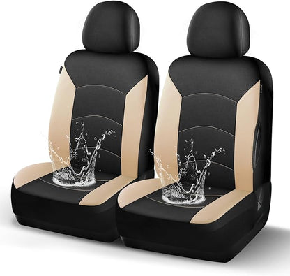 HChengkikz Car Seat Covers Front Seat, Waterproof Neoprene Seat Covers, Airbag Compatible, All Season Protection Universal Fit Most Cars, Trucks, SUVs (Black + Beige)