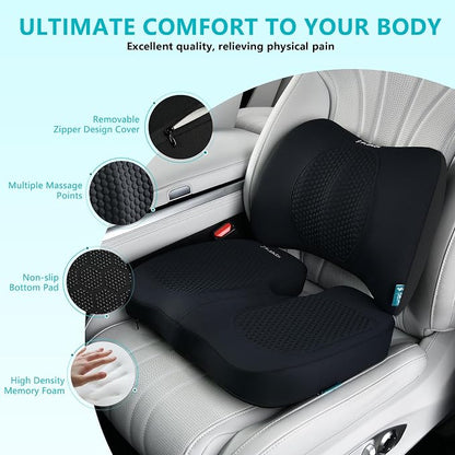 FLORICH Car Seat Cushion and Back Support for Office Chair Memory Foam Chair Cushions Pressure Relief Seat Pads with Gel Massage Point Lumbar Support (Black)