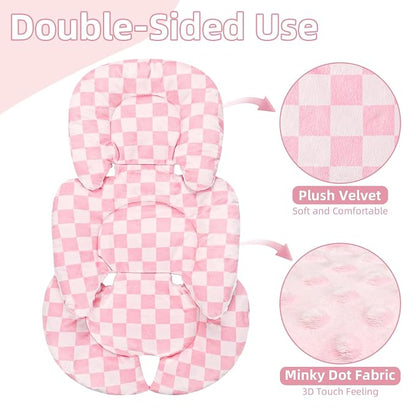 Infant Car Seat Insert Cushion, Baby Car Seat Head Body Support for Girls & Boys, Reversible Newborn Car Seat Insert with 2 Extra Strap Paddings, Premature Car Seat Cushion, Pink Checkerboard