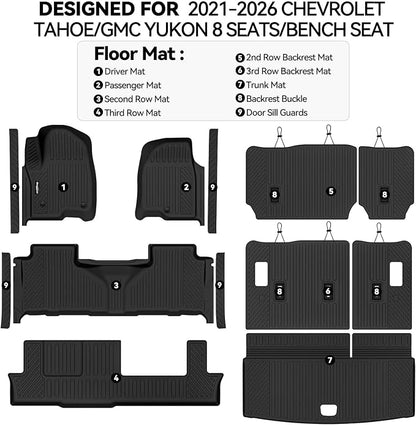Floor Mats for 2021-2026 Chevy Tahoe/GMC Yukon/Cadillac Escalade 8 Seats/Bench Seat(Not for Escalade ESV/Yukon XL), Trunk Mat and Backrest Mat & Door Sill Guard All Weather TPE Accessories