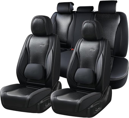 Coverado Car Seat Covers Full Set, Black Seat Covers for Cars, Waterproof Nappa Leather Automotive Seat Covers with Lumbar Head Pillow, Car Seat Protectors, Universal Fit for Most Cars SUV