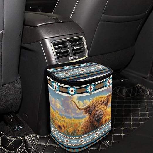 Talayituse Aztec Highland Cattle American Tribal Print Car Trash Can, Auto Garbage Bin with Adjustable Straps, Foldable Car Trash Bin Hanging Storage Organizer Bag Container for Camping Picnic