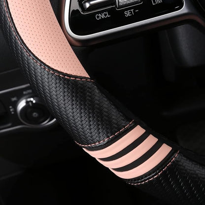 HighnessHwoo Car Steering Wheel Covers for Women Girl Padded Carbon Fiber PU Leather Cute Cartoon Auto Interior Accessories for Jeep, Truck, Universal, Anti Slip, Pink, Large Size, 15.2-16in