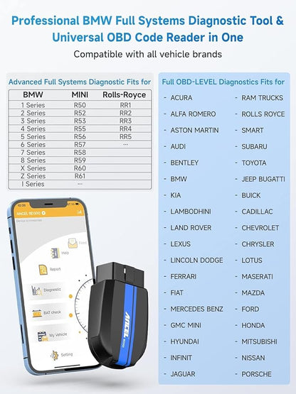 ANCEL BD300 Bluetooth OBD2 Scanner, Full System Code Reader and Diagnostic Tool for BMW with Battery Registration Service Reset EPB CBS ETC ABS Airbag & Powerful OBD2 Functions