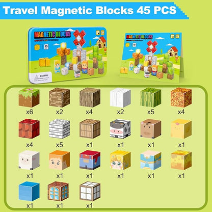 Aywewii Magnetic Blocks 45 PCS Travel Toys for Kids Ages 3-5, Toddler Magnetic Building Cubes STEM Learning Set with Iron Case - Portable Building Toys Gift for Boys and Girls (Farm Edition 1)