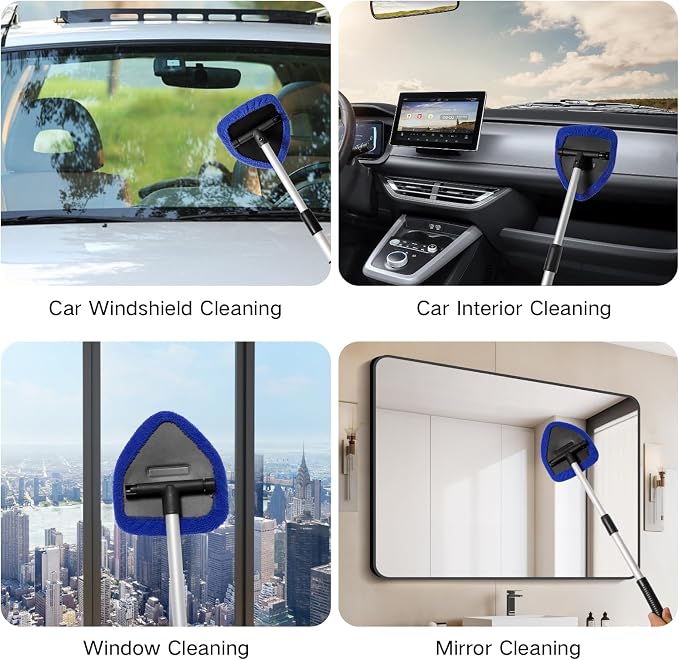 Qydipclin 7pcs Windshield Cleaner Tool Car Window Cleaning Wash Kit with 4 Reusable Microfiber Pads 1 Spray Bottle and Extendable Handle Auto Glass Wiper Kit, Blue&Green