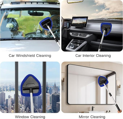 Qydipclin 7pcs Windshield Cleaner Tool Car Window Cleaning Wash Kit with 4 Reusable Microfiber Pads 1 Spray Bottle and Extendable Handle Auto Glass Wiper Kit, Blue