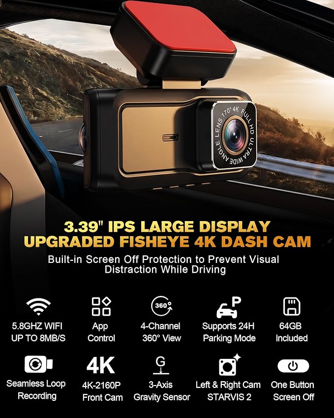 4 Channel 4K Dash Cam - 360° Panoramic Front Rear Inside Camera, STARVIS 2 Night Vision, 5.8GHz WiFi, 170° Wide Lens, 24hr Parking Monitor, G‑Sensor, Included 64GB SD Card for Private Drivers