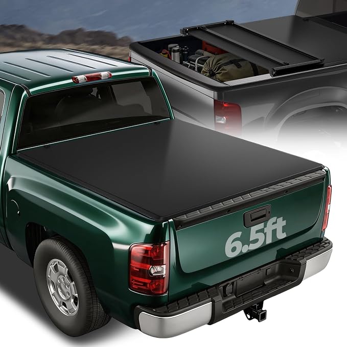 Auto Dynasty Soft Tri-Fold Truck Bed Tonneau Cover Compatible with 2007-2014 Chevy Silverado GMC Sierra 1500 2500HD 3500HD 6.5Ft Fleetside Bed, Matte Black Soft Vinyl Top