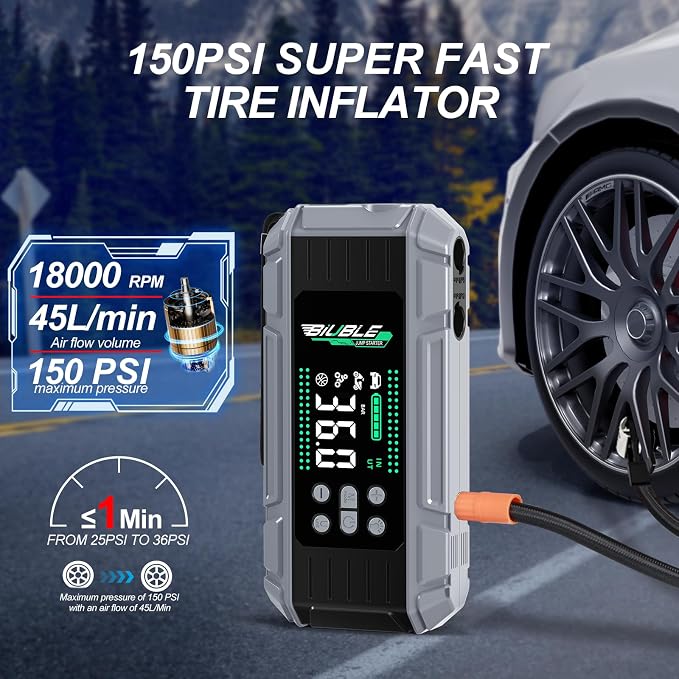 8000A Jump Starter with Air Inflator/Deflator Compressor, 65W Charging Car Battery Jump Starter (All Gas/16L Diesel), 24800mAh 150PSI Battery Jumper Starter Portable, Jump Box Jump Pack with LED Light