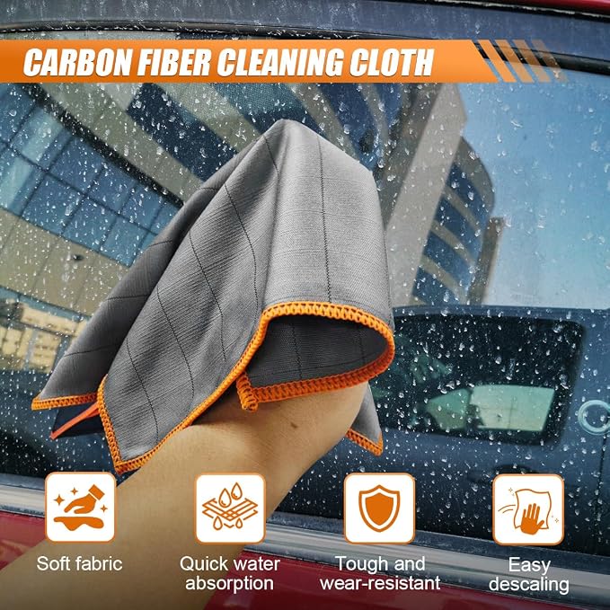 Car Carbon Microfiber Towels, 12" x 12" No Lint No Streak Cleaning Towel, Reusable Soft Car Wash Cloth, Universal Auto Polishing Detailing Rag for Glass Window Mirror(Orange)