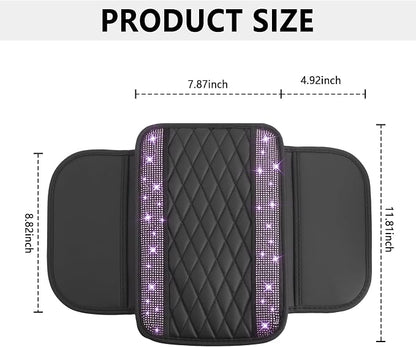 Stacool Upgraded Car Center Console Cover with Rhinestones,Microfiber Leather Car Armrest Cover Cushion with 2 Storage Bags,Universal Cars Armrest Storage Box as Cars Interior Accessories