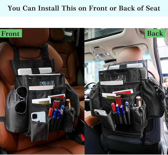 ECWKVN Car Front & Back Seat Organizer with Dedicated Tablet/Laptop Compartment, Passenger Seat File Storage with Cup Holder, Adjustable Backrest, and Padded Shoulder Strap