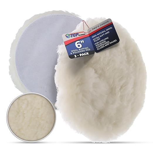 TCP Global Premium 6 Inch Wool Buffing Pads (2 Pack) - 100% Natural Wool Buffer Pads, Polishing Pad for Car Detailing - 1 Inch Thick Pile, Hook and Loop Buffing Pad for Orbital Buffer