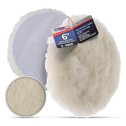 TCP Global Premium 6 Inch Wool Buffing Pads (2 Pack) - 100% Natural Wool Buffer Pads, Polishing Pad for Car Detailing - 1 Inch Thick Pile, Hook and Loop Buffing Pad for Orbital Buffer