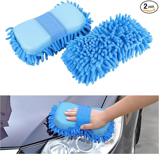 2PCS Microfiber Car Wash Sponge, Double Sided Chenille Microfiber Car Wash Mitt, Scratch Free & Lint Free, Absorbent Automotive Washing Sponges, Auto Cleaning Supplies (Light Blue)
