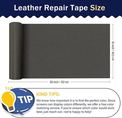 Zenyao Leather Repair Patch Tape - Self Adhesive Leather Repair Kit for Car Seat Furniture, Heavy Duty Vinyl Repair Patch for Couch Sofa, Waterproof Fix for Tears, 16x60 Inch Roll, Dark Grey
