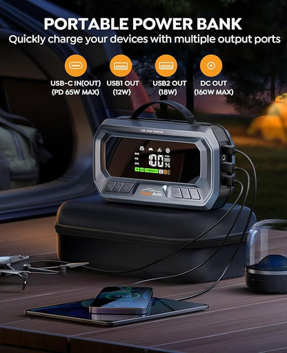 YaberAuto 12-in-1 Jump Starter with Air Compressor 8000A 160PSI 65W Charging, Portable Car Battery Jump Starter (All Gas/14L Diesel) Jump Box Car Battery Jumper Starter Portable Jumper Cables, 160W DC