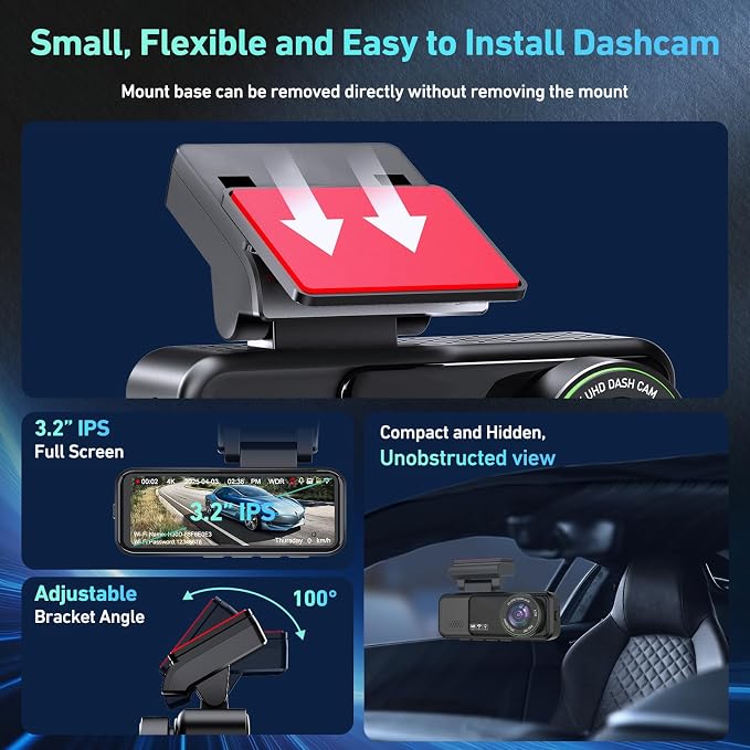 Dash Cam Front and Rear, 4K Dash Cam Built-in 5.8G WiFi GPS ADAS, 3.2" IPS Screen Dash Camera for Cars with Free 32GB Card,G-Sensor,Loop Recording,WDR,Night Vision Dashboard Camera