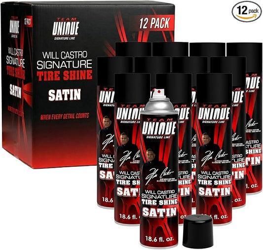Team Unique Tire Shine Satin – 18.6 fl oz (Pack of 12) | Low-Gloss Satin Tire Shine Spray | UV Protection Against Cracking & Fading | Non-Greasy, Low-Sling Formula for Cars, Trucks & SUVs