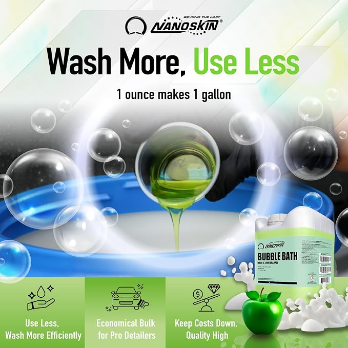 Nanoskin BUBBLE BATH Foaming Car Wash Shampoo 1 Gallon - Works with Foam Cannon, Foam Gun, Bucket Washes, Car Soap for Pressure Washer | For Car, Truck, Motorcycle, RV & More | Green Apple Scented
