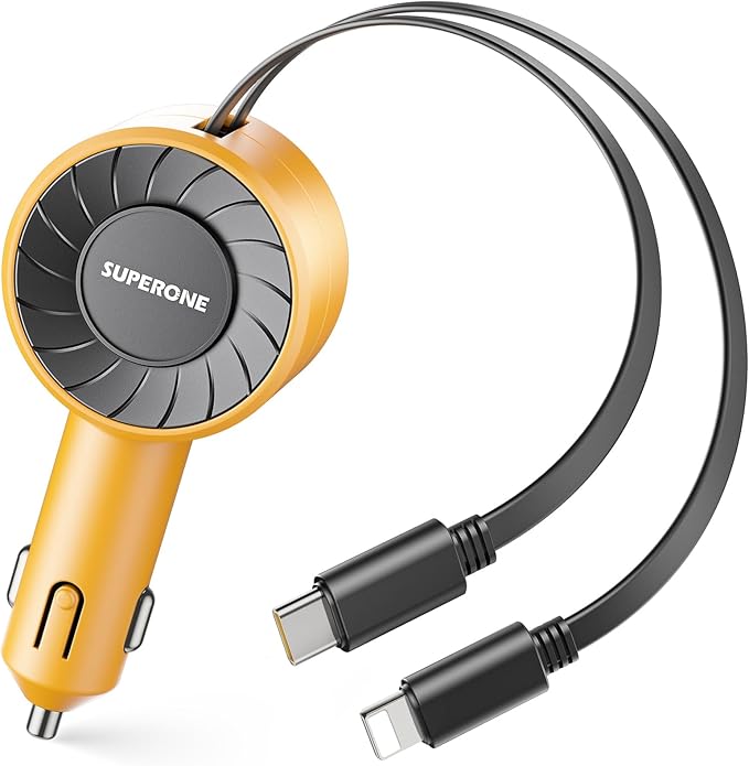 SUPERONE 3-in-1 Car Charger with Retractable Cords, USB C Charger Car Adapter Compatible with iPhone 17/16/15/14/13/12 Pro Max Samsung Android Phones