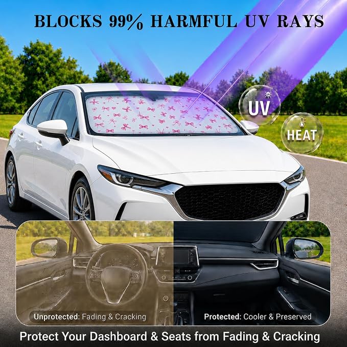 Car Windshield Sun Shade with Cute Heart Bow, Foldable Front Window Sunshade Universal Fits Sedan Compact Car Hatchback SUV, UV Heat Protection - 59 x 27.5