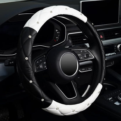 KAFEEK Diamond Soft Leather Steering Wheel Cover with Bling Bling Crystal Rhinestones, Universal 15 inch, Black White